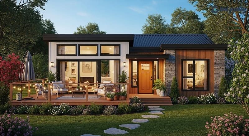 Mẫu nhà lắp ghép 300 triệu bố trí thêm không gian dùng trà phía trước, kết hợp cây xanh tạo nên không gian thư giãn