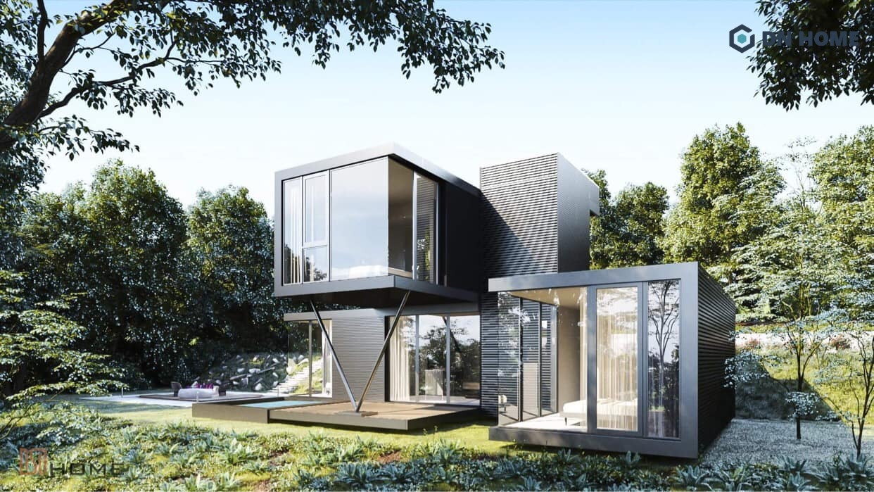 Nhà lắp ghép sử dụng kính cường lực giúp tận dụng tối đa ánh sáng tự nhiên và tăng tính thẩm mỹ cho không gian nhà ở