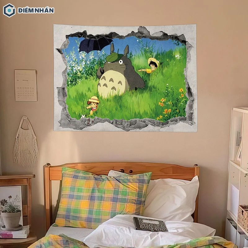 Tranh về chú mèo Totoro đáng yêu được trang trí ở đầu giường phòng ngủ anime