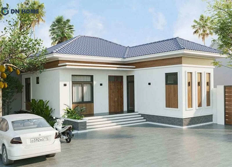 Đây là mẫu nhà hình chữ L mái thái thích hợp với những gia đình yêu thích phong cách truyền thống pha hiện đại