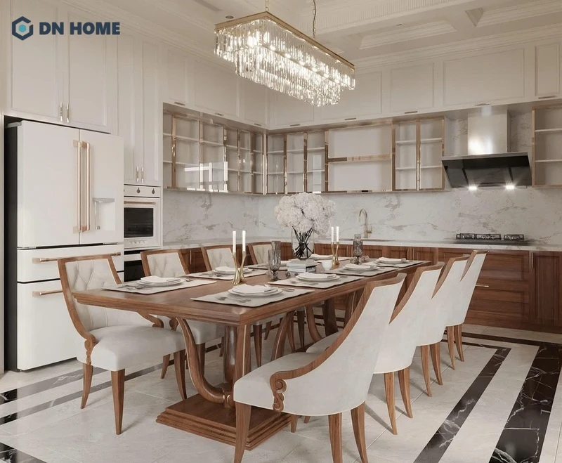 Phòng bếp sang trọng với hệ tủ cao kịch trần kết hợp vật liệu kim loại tinh tế, đồng bộ