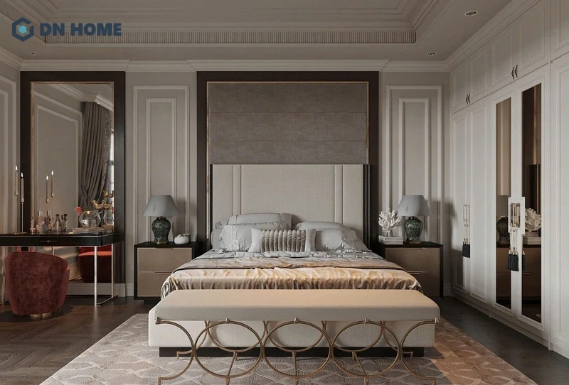 Phòng ngủ master được thiết kế rộng rãi với tông màu trung tính sáng