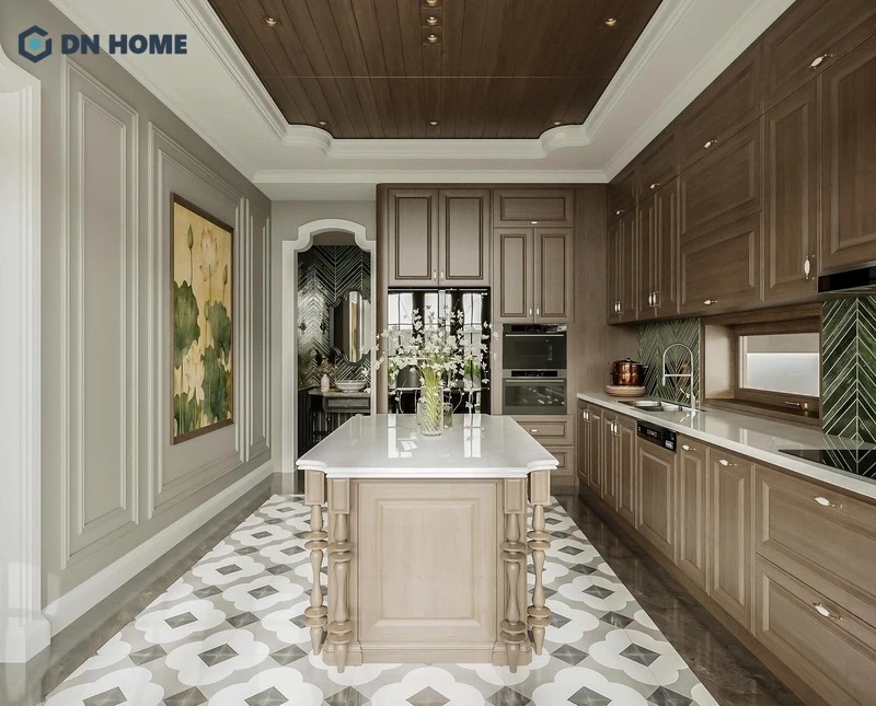 Không gian bếp được bố trí đầy đủ công năng, màu sắc đồng điệu với tổng thể thiết kế