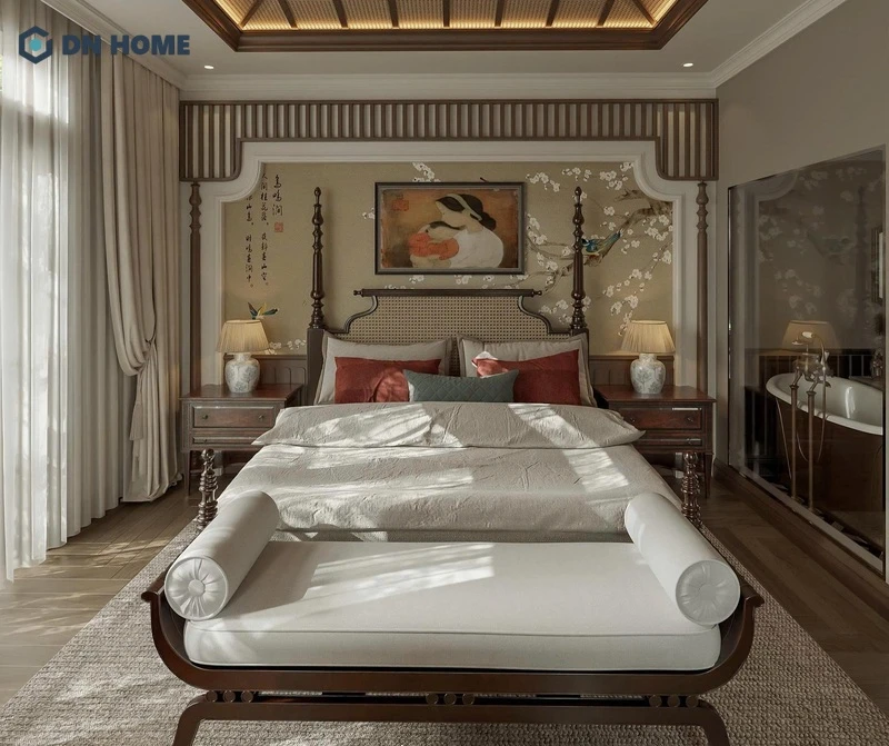 Phòng ngủ phong cách Đông Dương với hệ màu nâu - be trầm ấm quyền quý
