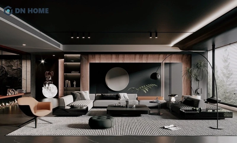 Không gian phòng khách hiện đại, sáng tạo với những mảng đen kết hợp đèn LED