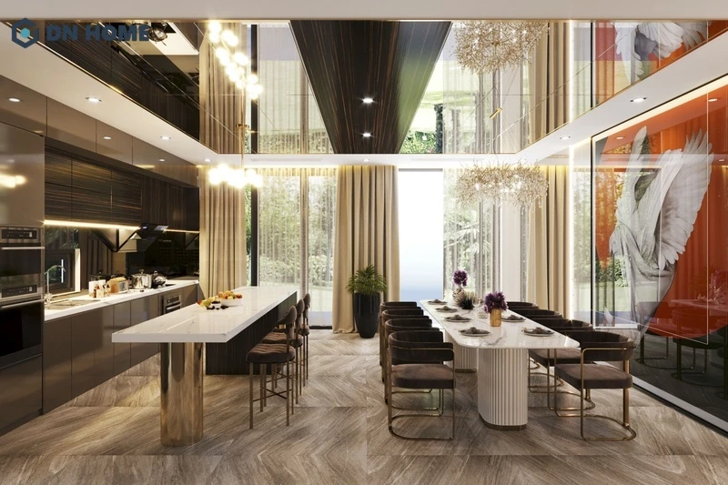 Phòng bếp biệt thự được ốp đá và kính