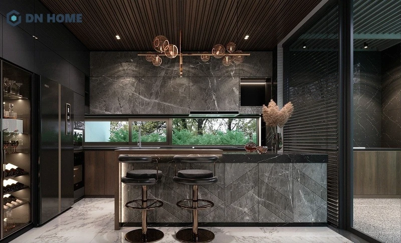 Sử dụng hệ cửa kính giúp không gian nấu nướng luôn thông thoáng và ngập tràn ánh sáng tự nhiên