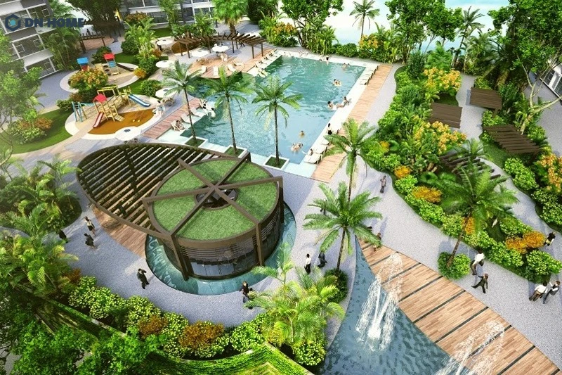 Cảnh quan thiết kế theo phong cách nhiệt đới gây ấn tượng với hệ cây xanh tươi, lá to và nhiều màu sắc