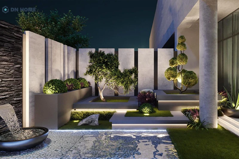 Cảnh quan phong cách hiện đại có bố cục gọn gàng cùng các đường nét vuông vức