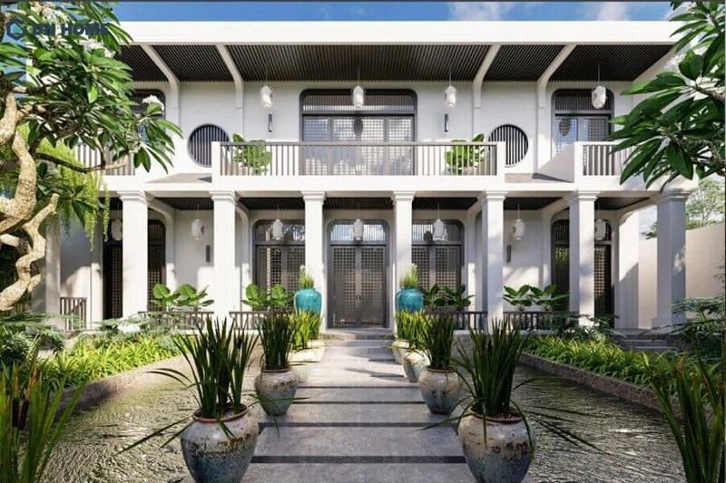 Sự đối xứng nhẹ nhàng là điểm nhấn trong không gian cảnh quan phong cách Indochine