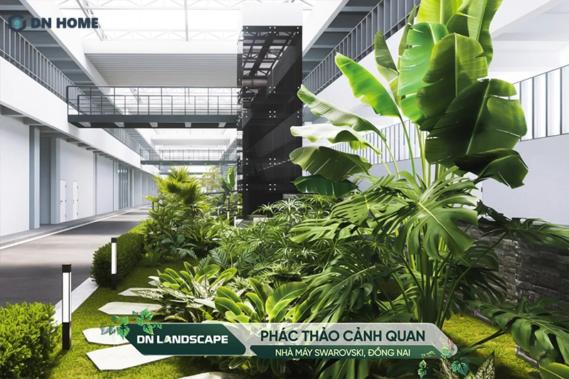 Sử dụng cây nhiệt đới với màu xanh chủ đạo và tán lá rộng tạo nên điểm nhấn ấn tượng cho nhà máy Swarovski
