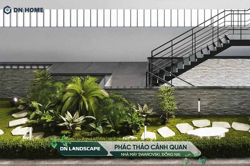 Một góc phác thảo 3D cảnh quan dự án thiết kế - thi công cảnh quan nhà máy Swarovski