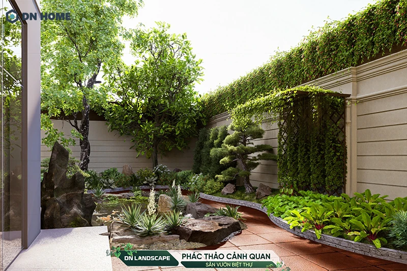 Phác thảo 3D cảnh quan hồ cá, cây xanh sân vườn phía sau biệt thự