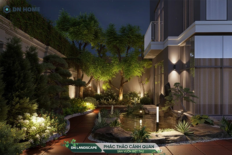 Hệ thống đèn được DN Landscape bố trí hợp lý tạo điểm nhấn, tăng tính thẩm mỹ cảnh quan