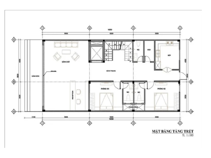 Bản vẽ mặt bằng tầng trệt khách sạn mini 5x20m với khu lễ tân và sảnh đón khách