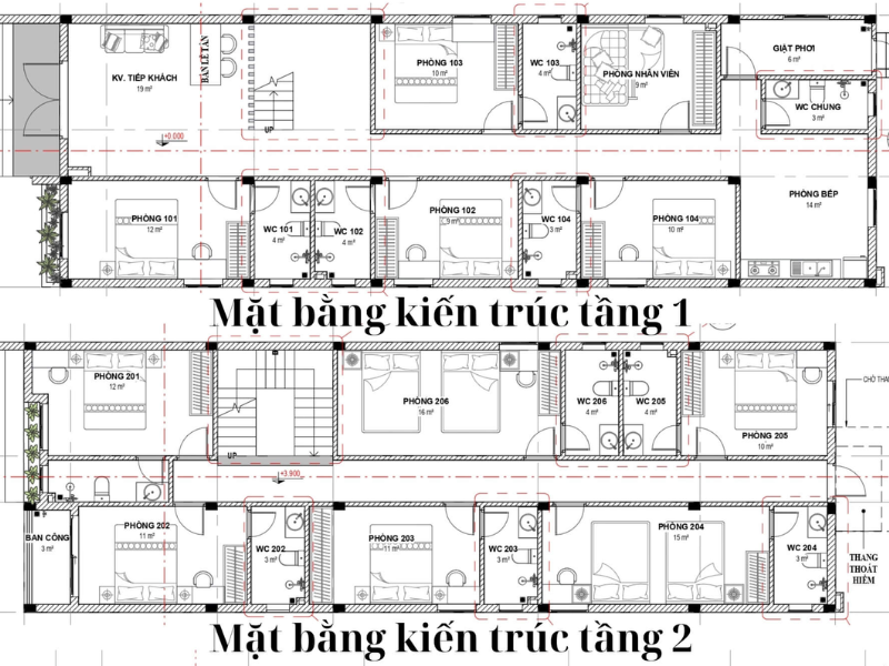 Mặt bằng các tầng phòng nghỉ trong thiết kế khách sạn mini được bố trí khoa học