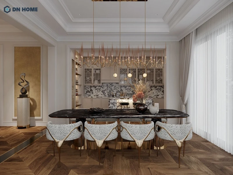 Thiết kế nội thất biệt thự khu vực bếp sang trọng nhưng không kém phần gần gũi, ấm cúng