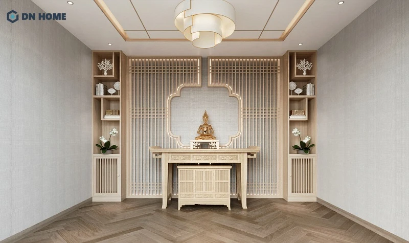Khu vực phòng thờ với thiết kế chỉnh chu, gọn gàng, trang nghiêm