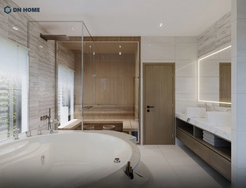 Phòng tắm với thiết kế đầy tiện nghi bao gồm bồn tắm và góc xông hơi mini