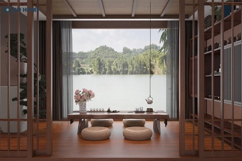 Phòng trà sử dụng các vật liệu tự nhiên kết hợp tận dụng khung cảnh, ánh sáng tự nhiên bên ngoài tạo ra không gian thư giãn