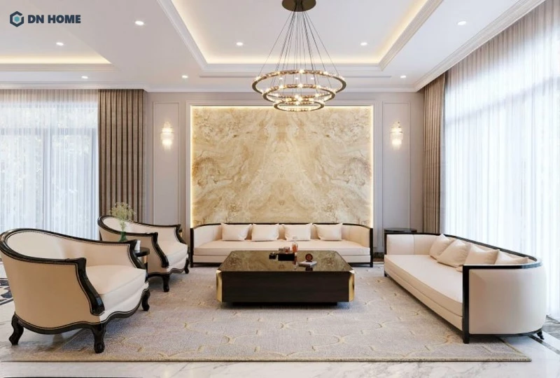 Không gian sang trọng của phòng khách được thiết kế theo phong cách tân cổ điển