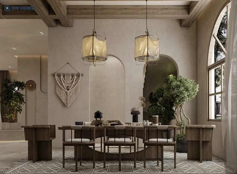 Khu vực ăn uống được thiết kế đơn giản, mộc mạc nhưng vẫn gợi được sự thanh lịch của biệt thự