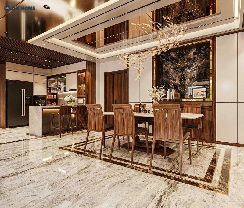 Thiết kế Luxury tạo điểm nhấn thẩm mỹ bằng các đường trang trí mạ vàng cùng gạch ốp nền với đường vân sang trọng