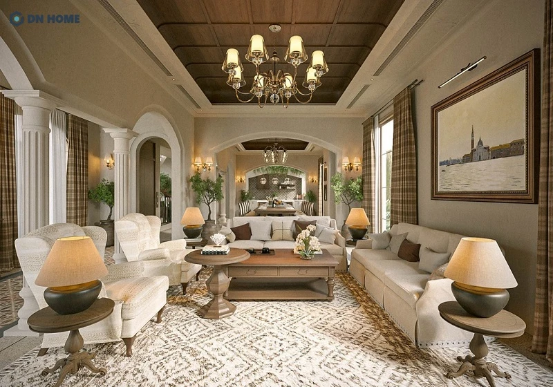 Không gian phòng khách biệt thự được thiết kế theo phong cách Địa Trung Hải
