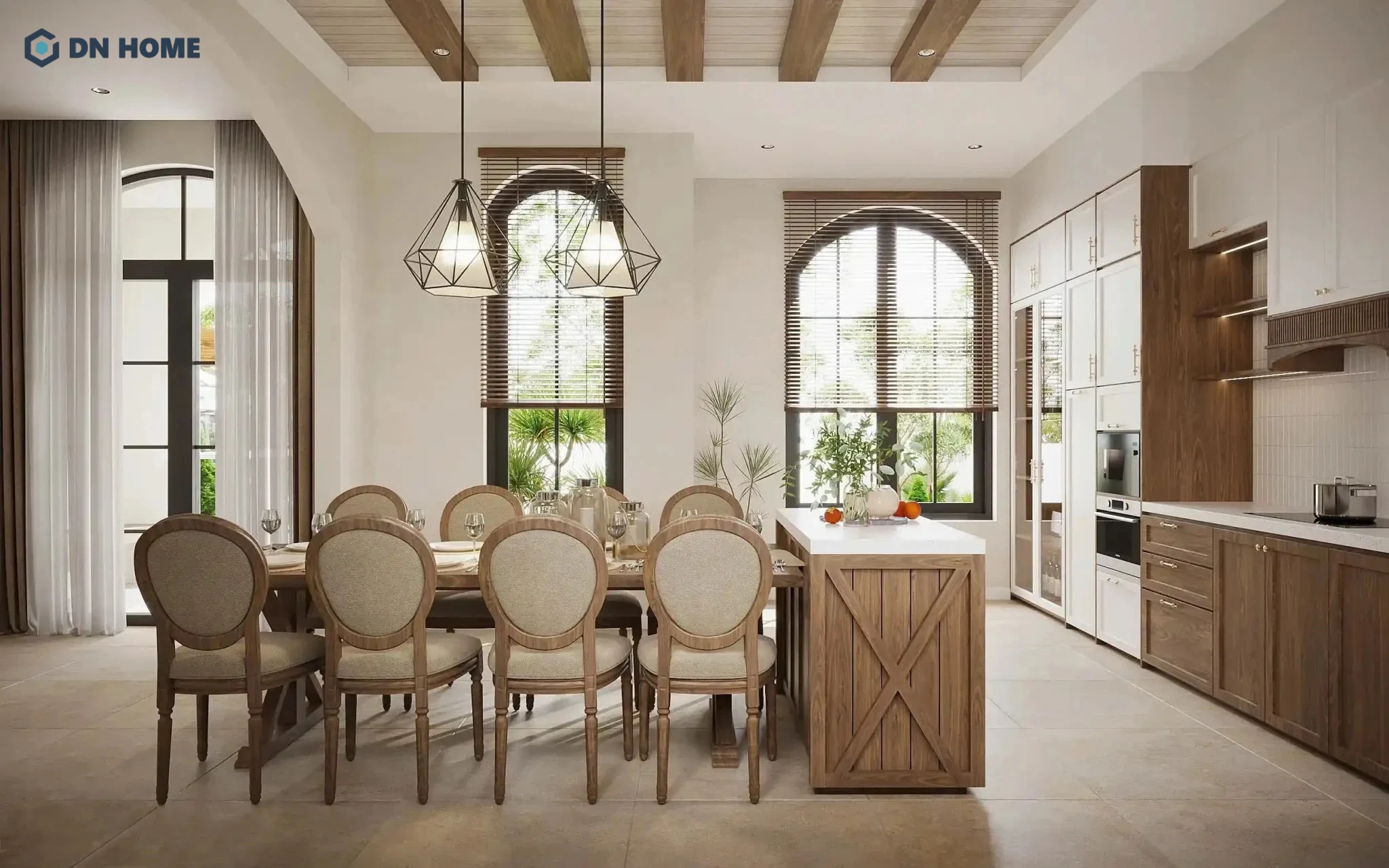 Thiết kế nội thất biệt thự Địa Trung Hải ưu tiên các vật liệu gần gũi, mộc mạc như gỗ tự nhiên, đá thô,...