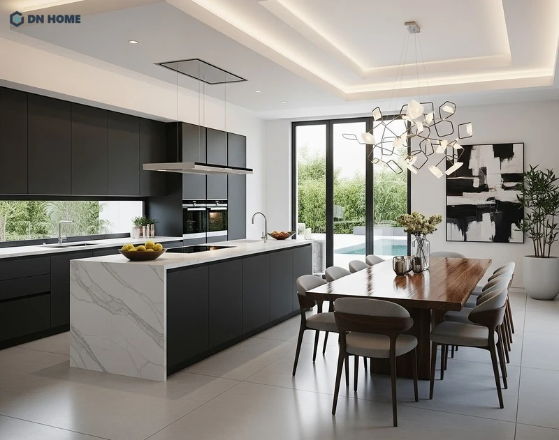 Không gian bếp gây ấn tượng mạnh bởi đường nét gọn gàng