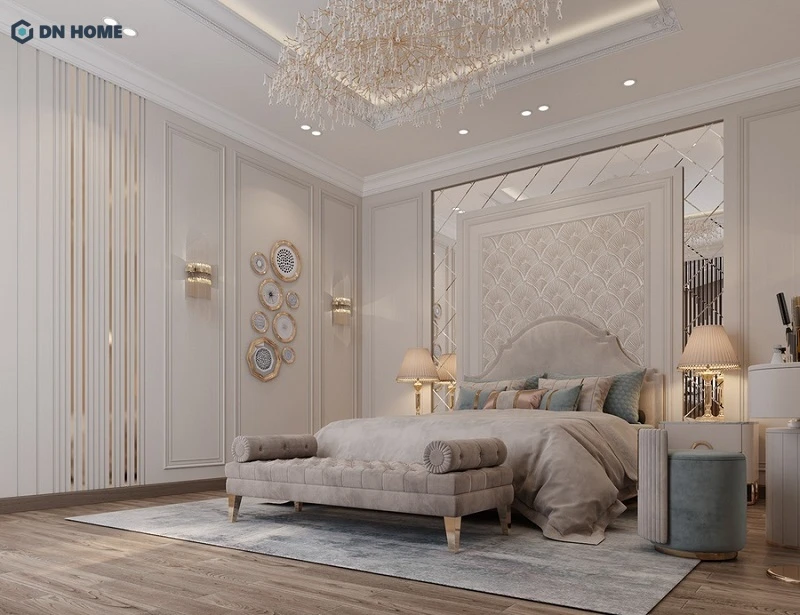 Không gian phòng ngủ đầy sang trọng với đường vào chỉ tinh tế cùng ánh sáng vàng dịu nhẹ