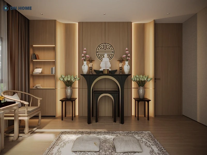 Phòng thờ biệt thự thiết kế theo phong cách Luxury, đảm bảo được sự trang nghiêm nhưng không kém phần ấm cúng