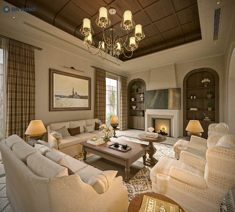 Không gian phòng khách biệt thự ấm cúng nhưng không kém phần sang trọng