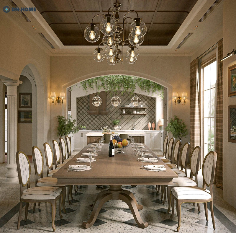 Thiết kế nội thất không gian bếp sang trọng, nổi bật với đèn chùm độc đáo