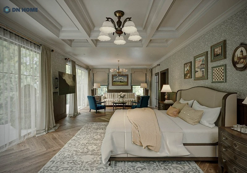 Không gian phòng ngủ đẹp, sử dụng cửa kính lớn và rèm cửa để tối ưu ánh sáng tự nhiên