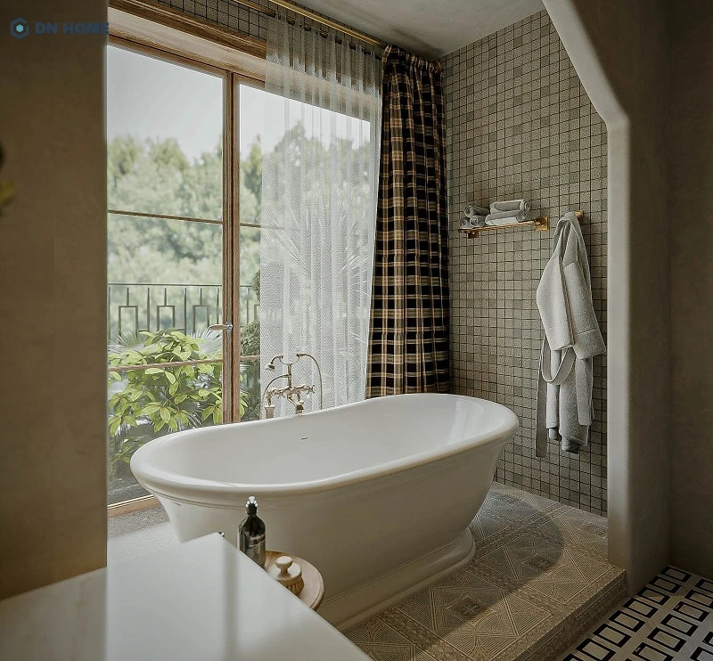 Khu vực nhà tắm đầy thư giãn với bồn tắm massage hướng ra cửa kính lớn