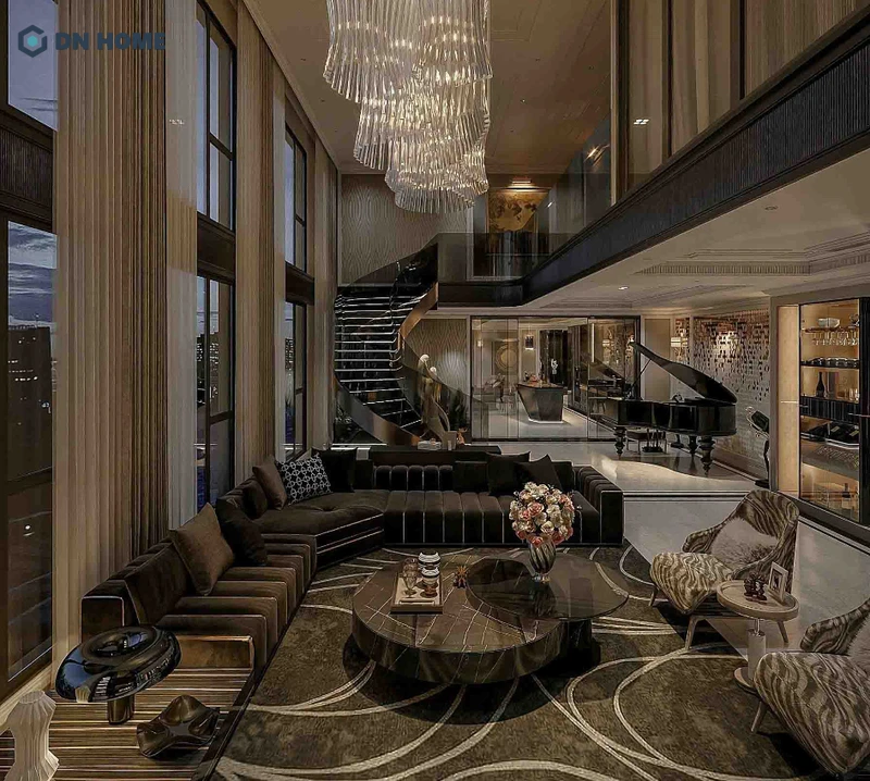 Phòng khách căn hộ sử dụng các món đồ nội thất sang trọng như đá xuyên sáng, đèn chùm lớn,... tạo cảm giác xa hoa cho không gian