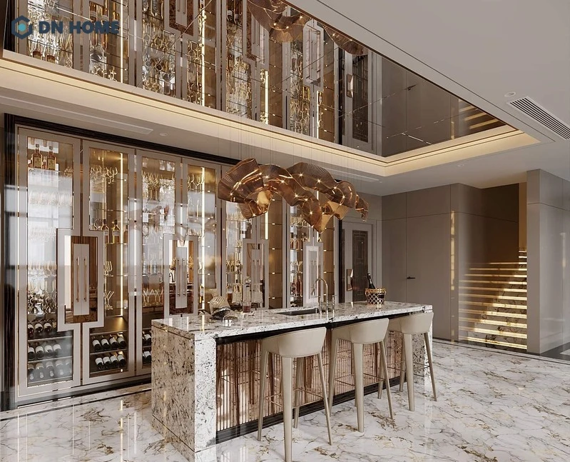 Khu vực quầy bar mini căn hộ Duplex sang trọng với sự tỉ mỉ trong thiết kế tủ đựng rượu