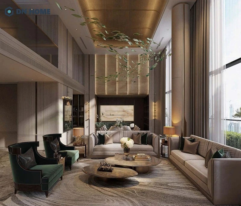 Không gian phòng khách rộng rãi, thiết kế hài hoà của căn hộ Duplex 3 phòng ngủ