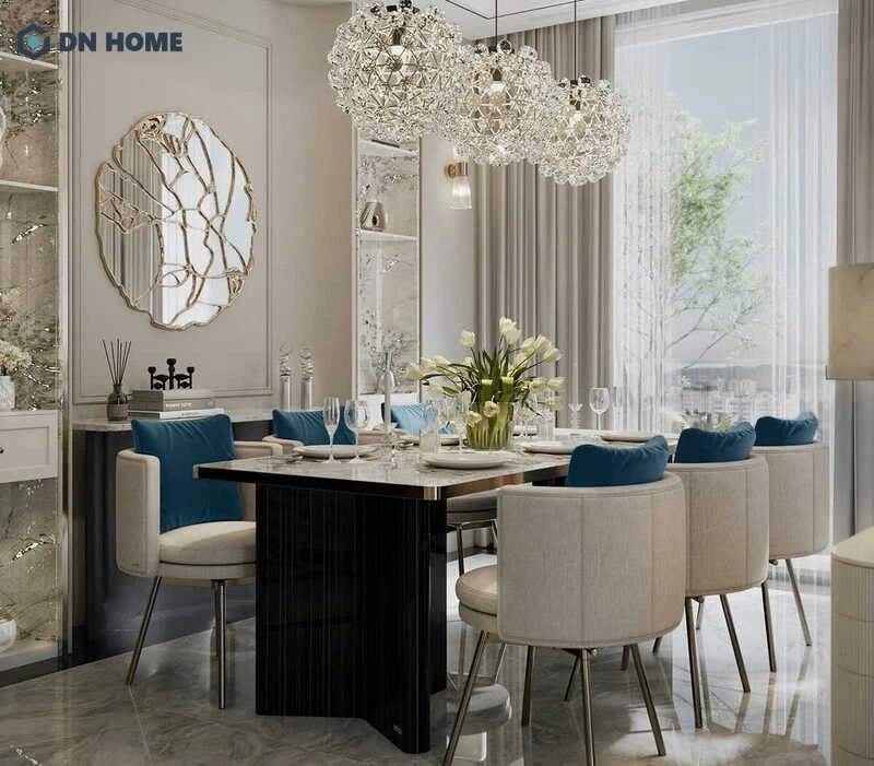 Khu vực bàn ăn được thiết kế đẹp mắt, kết hợp các chi tiết trang trí hài hoà