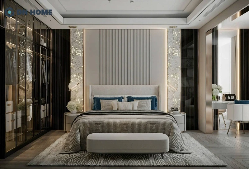 Phòng ngủ Duplex Luxury tập trung vào chi tiết trang trí tinh tế, tận dụng tối đa không gian với tủ đựng quần áo âm tường kịch trần