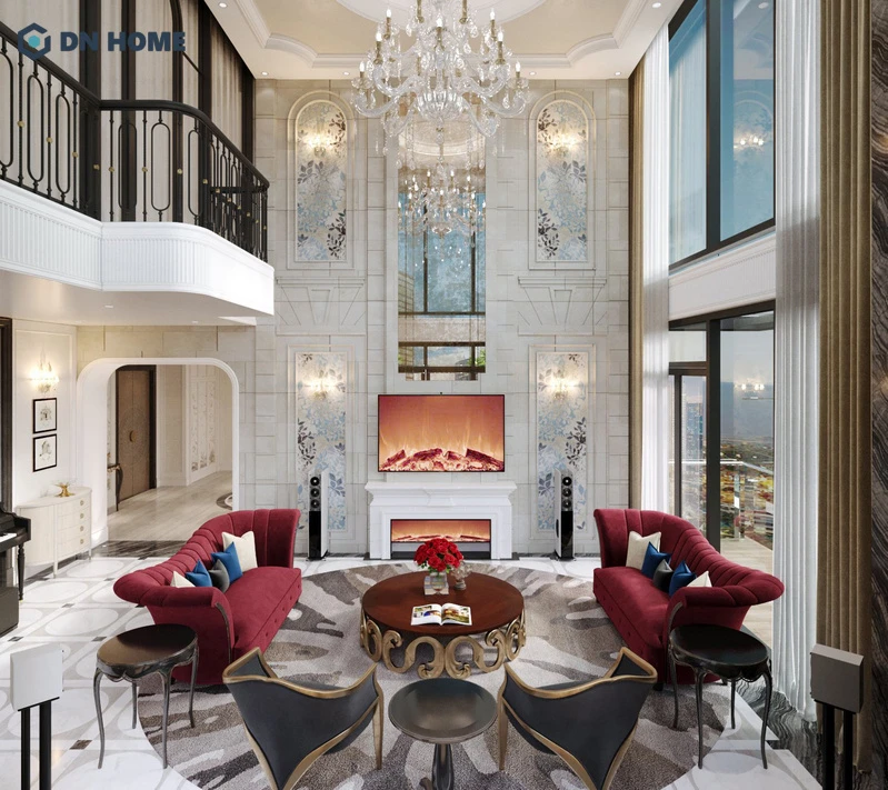 Mẫu nội thất căn hộ Tân Cổ Điển nổi bật với các chi tiết trang trí thanh mảnh, tinh tế