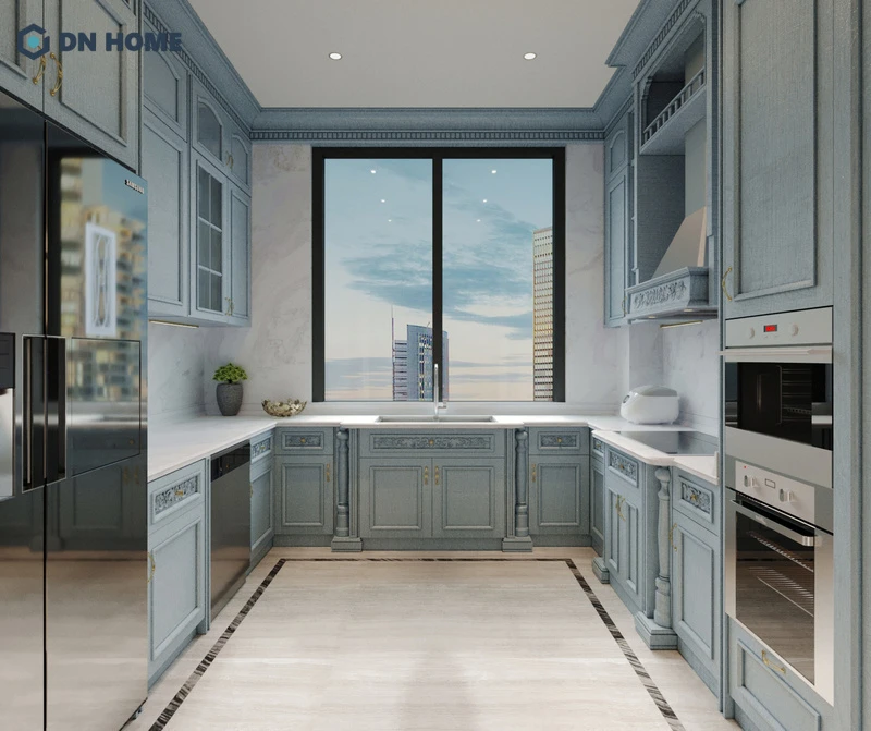 Không gian bếp hình chữ U, sắp xếp bồn rửa cách xa bếp nấu hợp phong thuỷ