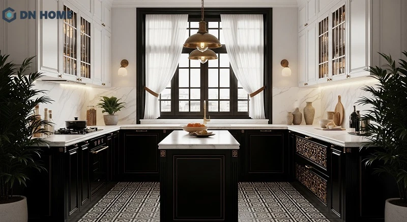 Không gian bếp chữ U, kết hợp đảo bếp ở giữa giúp tăng tính tiện nghi