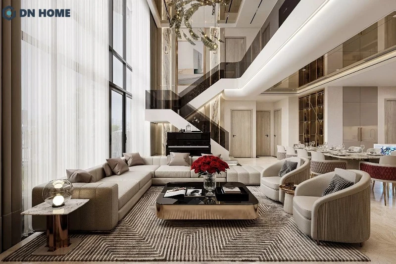 Để không gian căn hộ Duplex có chiều sâu, bạn nên thêm các chi tiết làm điểm nhấn như thảm trải sàn, đèn trang trí,...