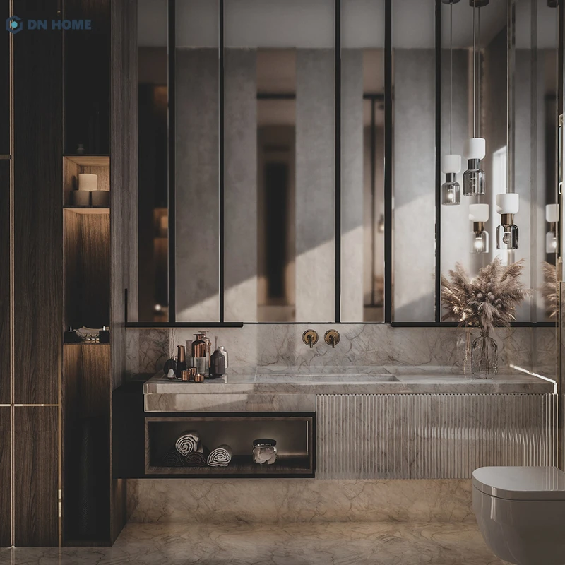 Phòng tắm được ốp đá sang trọng, nội thất được bố trí hợp lý