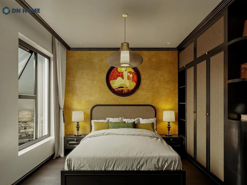 Phòng ngủ nhỏ sử dụng vật liệu gỗ chủ đạo cùng đèn trang trí thả trần ấn tượng