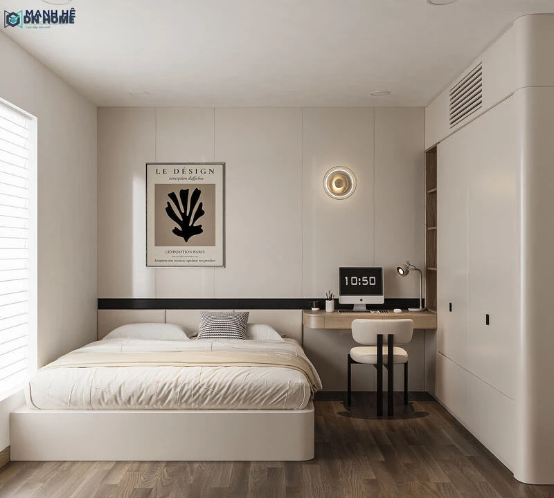 Phòng ngủ nhỏ được thiết kế bàn làm việc cạnh giường ngủ