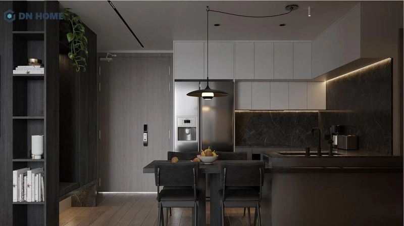Kết hợp khéo léo tông màu đen và be tạo điểm nhấn nổi bật cho phòng bếp
