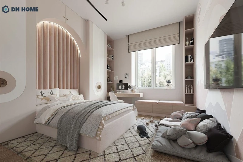 Mẫu phòng ngủ master hiện đại với gam màu be, sàn gỗ nâu trầm giúp không gian trở nên ấm cúng hơn